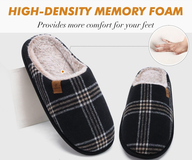 COFACE Mens Black Flano Plaid Cozy Memory Foam scuff Slippers Slip On Warm House Shoes Indoor/Outdoor With Best Arch Support Size 13 - Image 3